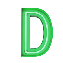 Neon style light letter D. Glowing neon Capital letter. 3D rendering