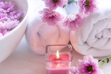 Spa treatment and product for female feet and manicure nails spa with pink flower and rock stone, copy space, select focus, Thailand. Healthy Concept