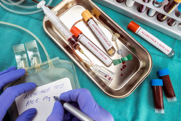 Scientist writes about bag blood marker to investigate remedy against Alzheimer disease, conceptual...