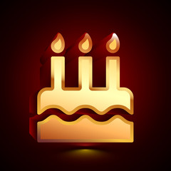 3D stylized Birthday Cake icon. Golden vector icon. Isolated symbol illustration on dark background.