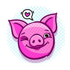 Pig is a symbol of 2019 new year. Head of the winking Pig in pop art style.