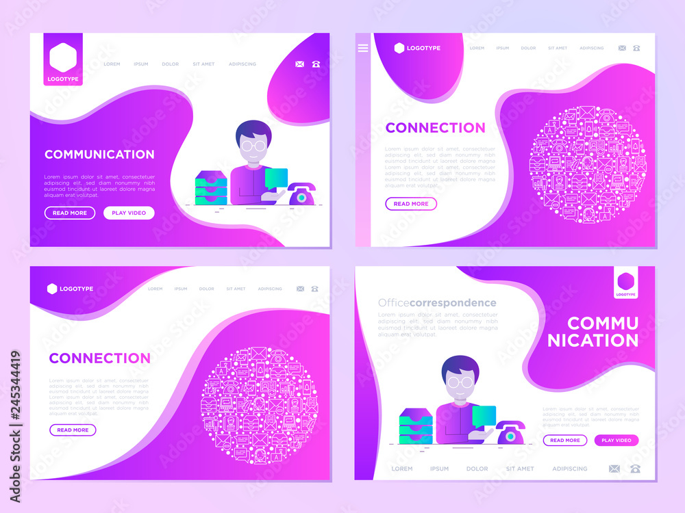 Poster communication web page templates: man with speech bubble, inbox e-mail, telephone. flat gradient sty