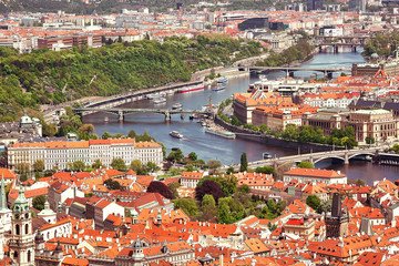 Fototapeta na wymiar Aerial view to the beautiful historic center of Prague and Vltava river