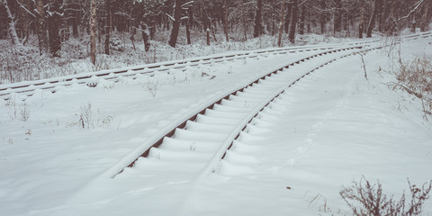 Railway tracks crossing and going in one direction. Pure white snow and snowbound narrow gauge railway. Toned image.