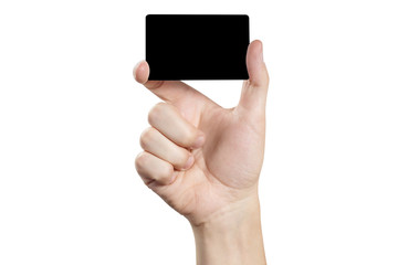 Hand holding a black card, isolated on white background