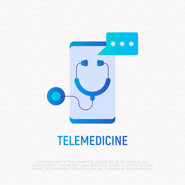 Telemedicine Gradient Flat Icon: Stethoscope With Speech Bubble On Screen Of Smartphone. Modern Vector Illustration Of Online Medical Consultant.