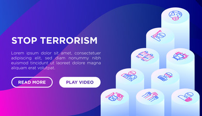 Stop terrorism web page template with thin line isometric icons: terrorist, civil disorder, national army, hostage, bomber. Modern vector illustration.