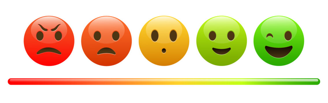 Mood meter, scale, from red angry face to happy green emoji, colorful banner for social network or mobile apps, vector illustration isolated