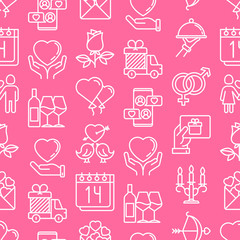 Valentine's day seamless pattern with thin line icons: couple in love, romantic evening, cupid bow, balloons, envelope, gift card, candles, love message, gift delivery. Modern vector illustration.