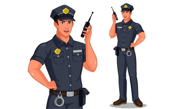 Police officer in standing pose talking on walkie-talkie radio vector illustration