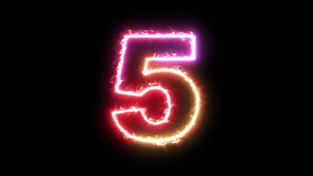 Number 5, number five - colorful lightning energy outline looping on black background in 4k animation design