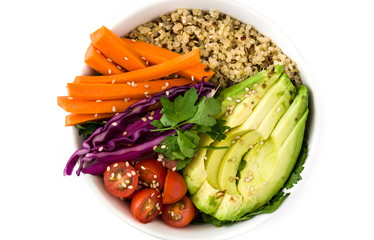 Close up vegan Buddha bowl with fresh raw vegetables and quinoa isolated on white background. Top view