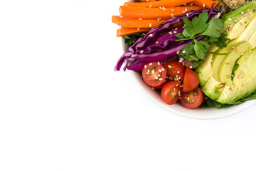 Vegan Buddha bowl with fresh raw vegetables and quinoa isolated on white background. Top view. Copyspace