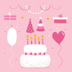 Set, collection of cute cartoon vector birthday party design elements, cake, party hats, gifts, balloons and decorations.