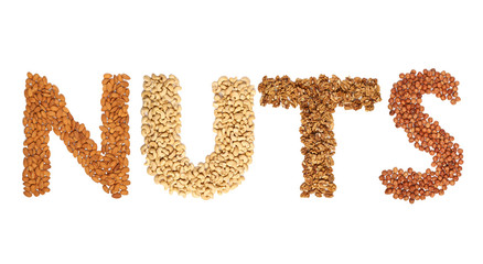 Word Nuts with letters made from different whole nuts on a white background