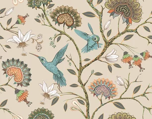 Fotobehang Vector seamless pattern with stylized flowers and birds. Blossom garden with hummingbirds and plants. Light floral wallpaper. Design for fabric, textile, wallpaper, cover, wrapping paper. © sunny_lion
