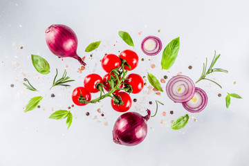 Vegan healthy food concept. Ingredients cooking spring vitamin salad. Fresh vegetable simple pattern, layout with tomatoes, onions, herbs and spices on white background. Top view banner copy space © ricka_kinamoto