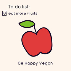 Happy Vegan day card. Doodle style illustration. Greeting card with inscription Be Happy Vegan. Go vegan cards. Fruits. Vector illustration.