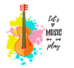 Bright card with guit and Let's music play text. Vector illustration. Decorative design template for party, guitar lesson and shop, invitation, poster, card, flyer, banner. Flat and line style.