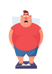 Funny Cartoon Character. Shocked Fat Man Standing on Scales. Vector Illustration