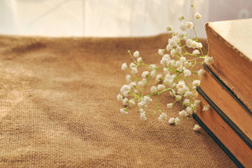 Vintage spring background with white flowers, a yellowed old books on the burlap. closeup.