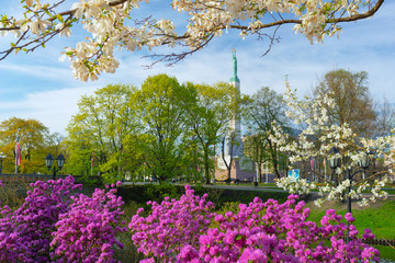 National Freedom Monument in the center of Riga in spring