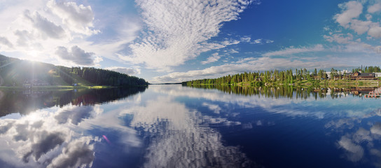 Idyllic summer panorama landscape in Tahko Event Park. Lake Syvärijärvi in Nilsiä, Kuopio, Finland