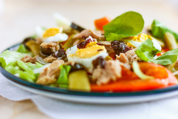 Nicoise salad with tuna, green beans, basil and fresh vegetables
