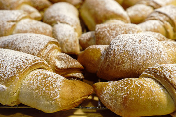 Closeup of homemade freshly baked delicious golden brown croissants, sprinkled with powdered sugar and left to cool down on a cookie rack. Love for baking.