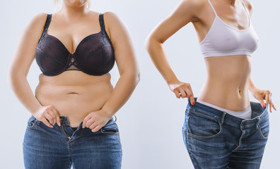 Woman's body before and after weight loss on background