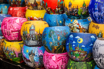 Fototapeta na wymiar Flower pots- traditional souvenirs in Prague, Czech Republic