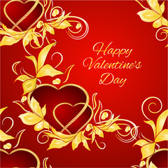 Seamless texture Happy Valentine day  hearts with gold  leaves festive red background vintage vector illustration editable hand draw
