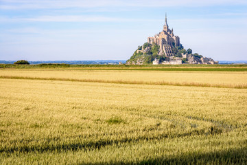 The Mont Saint-Michel tidal island in Normandy, France, seen from a path between cultivated fields in the polders at the end of the day with wheat fields in the foreground.