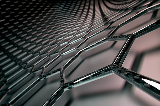 3D rendering of graphene surface, black bonds with carbon glossy structure, glossy surface