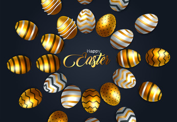 Happy Easter lettering background with realistic golden shine decorated eggs, confetti, golden branches