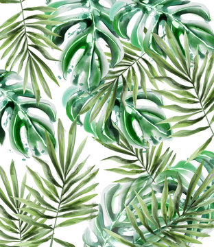 Palm leaves pattern Vector watercolor. Tropic exotic texture. Wild green decors