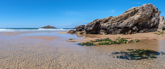 French landscape - Bretagne. A beautiful beach with rocks at low tide. Panoramic view.