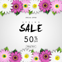 Spring Sale Off Background with Colorful Daisy Flower Blossom Design Vector