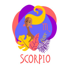 Cartoon illustration of zodiac sign Scorpio as a beautiful woman. Horoscope for girl.