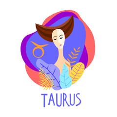 Cartoon illustration of zodiac sign Taurus as a beautiful woman. Horoscope for girl.