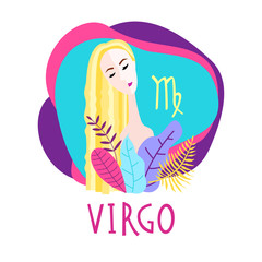 Cartoon illustration of zodiac sign Virgo as a beautiful woman. Horoscope for girl.