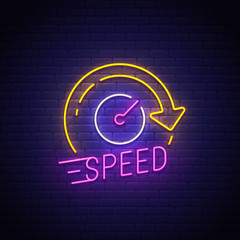 Speed neon sign, bright signboard, light banner. Speedometer logo neon, emblem. Vector illustration