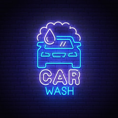 Car Wash neon sign, bright signboard, light banner. Car wash logo neon, emblem. Vector illustration