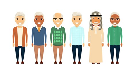 A group of old men. Set of different men, retirement age. In flat style on white background. Cartoon.