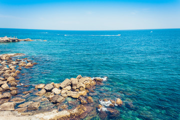 Sicily landscape, rocky seashore of Ortygia (Ortigia) Island, Syracuse, Italy.