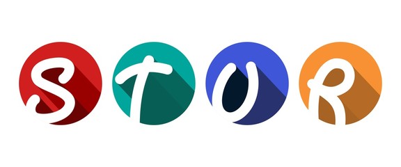 Creative capital letters S, T, U, R inscribed in a circle with falling shadows. For your monogram, logo, emblem. Flat design. Four color palettes