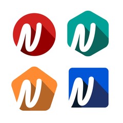 Creative handwritten white letter N inscribed in a circle, square, pentagon, hexagon with falling shadows. For your monogram, logo, emblem. Flat design. Four color palettes