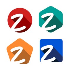 Creative handwritten white letter Z inscribed in a circle, square, pentagon, hexagon with falling shadows. For your monogram, logo, emblem. Flat design. Four color palettes