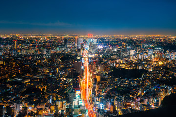 Aerial view of road in Tokyo city, cityscape skyline.