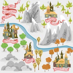 Obraz na płótnie Canvas Fairy tale fantasy map of Everwinter Realm and City states in colorfule vector illustrations